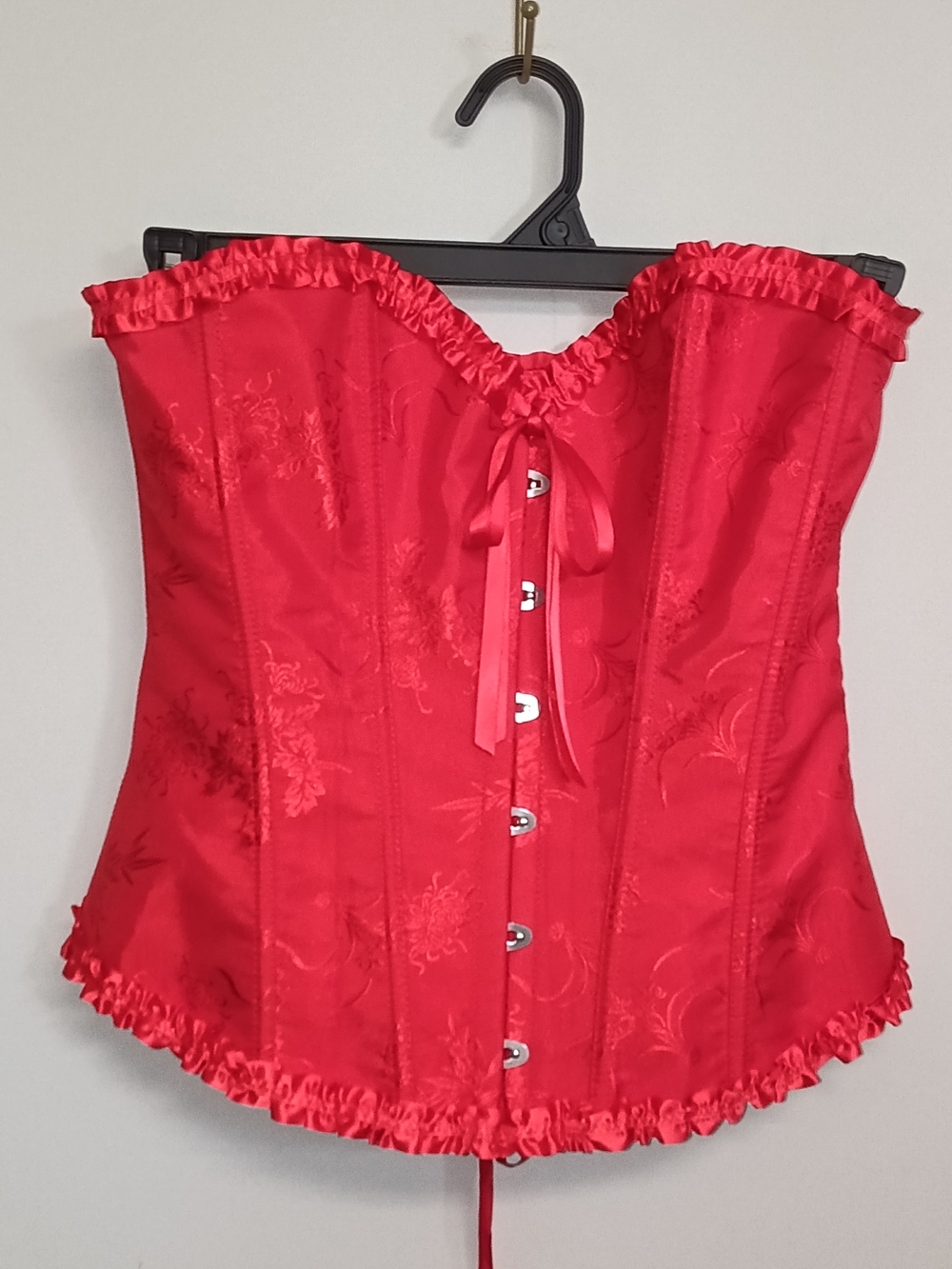 Red Satin Floral Lace Up Ruffle Bustier Corset Lingerie Victorian Burlesque L
